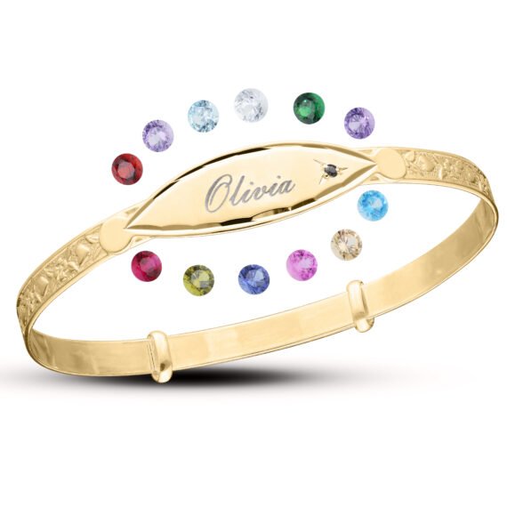 Personalised Birthstone Bangle with Diamond Cut for Children in Silver or 18ct Gold plated (0–3 years)