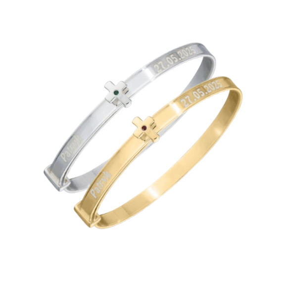 Personalised 925 Silver Unisex Baby Bangle with Cross & Birthstone Set (0-3yrs)